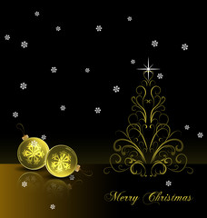 Bright Christmas background with gold evening balls and Christmas tree. Vector Illustration. EPS 10.