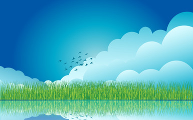 Nature background green grass over a blue sky with flying birds. Vector Illustration. EPS 10.