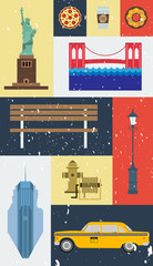 Grunge vector New York city street icon set. A set of New York symbols and landmarks. Vector Illustration. EPS 10.