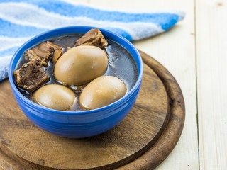 Egg boiled and spare ribs pork stewed in brown sauce; Thai tradi