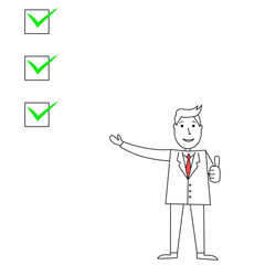 Cartoon businessman pointing and explaining with check boxes and thumbs up