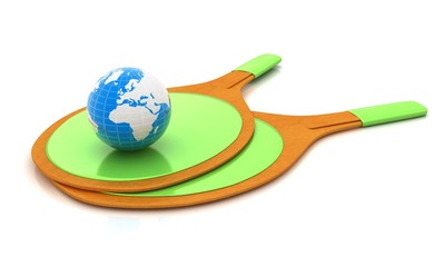 Rackets for playing table tennis and Earth. Global concept. 3D r