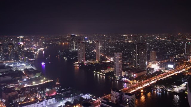 bangkok night light chao phraya river bay cityscape panorama 4k time lapse thailand
