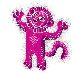 Vector drawing of happy purple lion holding its paws up.  Illustration