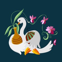 Beautiful vector illustration for autumn theme. Fabulous swan with flowers and watermelon