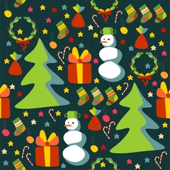 Christmas seamless pattern with Christmas trees, snowmen and gif