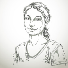 Artistic hand-drawn vector image, black and white portrait of woman