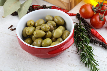 Green olives in the bowl