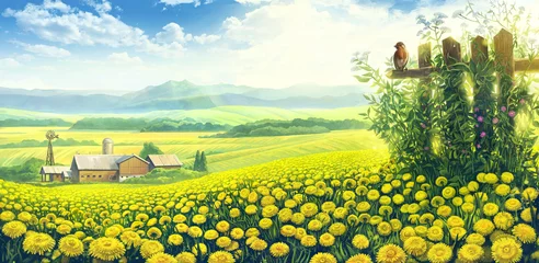 Foto auf Acrylglas Gelb Sommerlandschaft mit Löwenzahnfeld und Bauernhof auf dem Hintergrundplan.