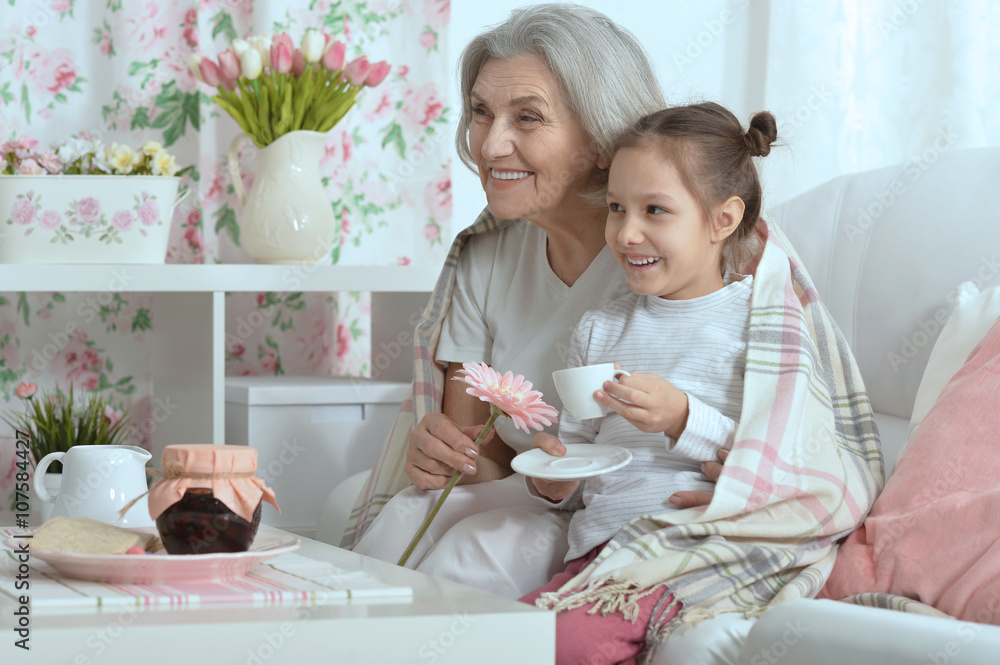 Wall mural Senior woman with granddaughter with tea