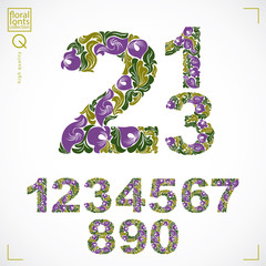 Floral numerals, hand-drawn vector numbers decorated 