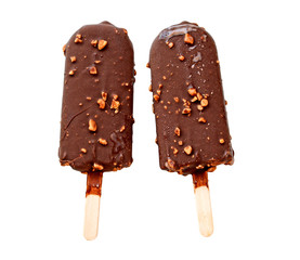 Ice cream covered with chocolate and almonds (clipping path)