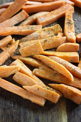 Fresh cut slices of sweet potatoes made into fries