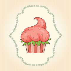 Vector cupcake look like strawberry. Ideal for posters, advertisements, announcements, labels, banner, menu for cafe and restaurants. Vector illustration