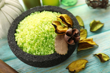 Spa concept. Sea salt  in a bowl, close up