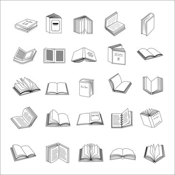 Book Icons Set-Isolated On White Background.Vector Illustration,Graphic Design.Collection Of Different 3d Books.For Web,Website,App.Thin Line