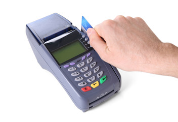 Businessman using payment terminal, isolated on white