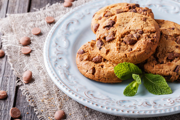 Chocolate chip cookies with mint and chocolate drops.