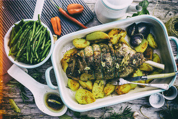 Lamb meat - roasted leg of lamb with rosemary, spices and roasted potatoes
