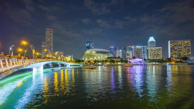 night illumination marina tourist merlion bridge  esplanade theaters by the bay 4k time lapse singapore

