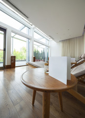 deck chairs in relaxation room . copy space . selective focus