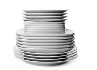 Stack of different ceramic plates, isolated on white