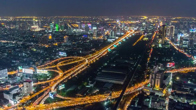 bangkok night light traffic road junction roof top panorama 4k hyper time lapse thailand
