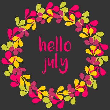 Hello july vector wreath sunny yellow, green and pink card on black background