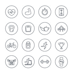 16 fitness, gym, training line icons in circles, fitness pictograms, vector illustration