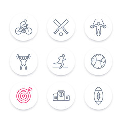 different kind of sports, round line icons, sports linear signs, vector illustration