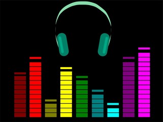 Icon of headphones with colored equalizer on black
