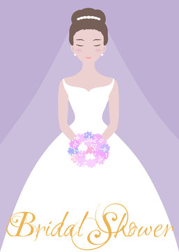 Beautiful bride with a flower bouquet. Dridal shower invitation template.