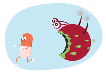 Pill running from bacteria. Antibiotic resistance cartoon illustration.