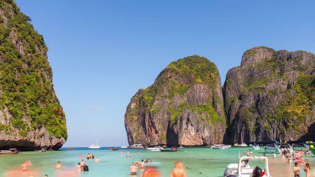 world famous phi phi don tourist crowded beach panorama 4k time lapse thailand
