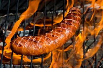 Grilling sausage on barbecue grill.