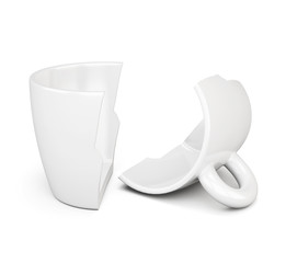 Broken in half a cup isolated on white background. 3d rendering.