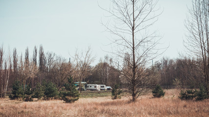 Homes in distant middle of woods during winter