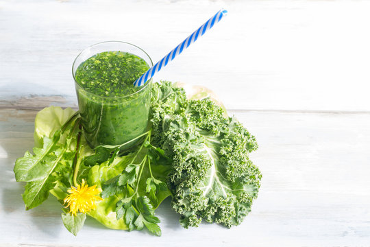 Green smoothie with dandelion healthy lifestyle concept
