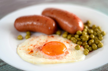 sausages , fried egg and peas