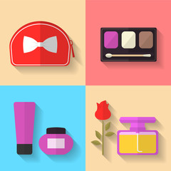 Cosmetic and Makeup Vector flat Icons Set. Cosmetic bag, perfume bottle, eye shadows. Beauty products.