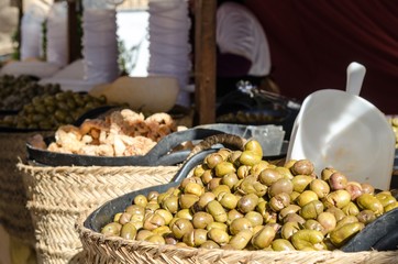 Bowl of olives for sale at market