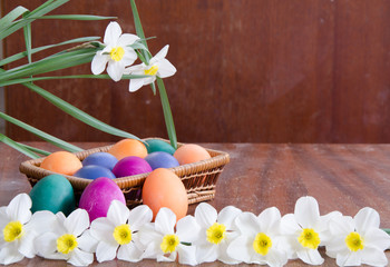 Easter eggs and narcissus flowers