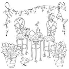 Vector cute birthday  tea time in flowers .