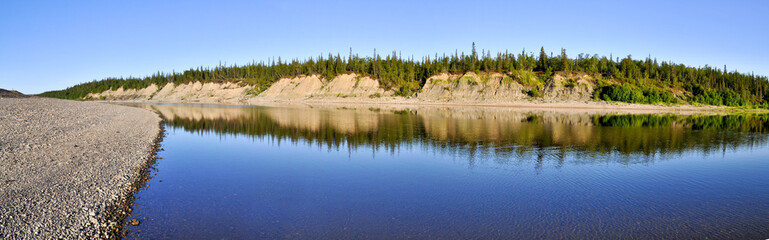 Panoramic landscape polar river in the Urals.