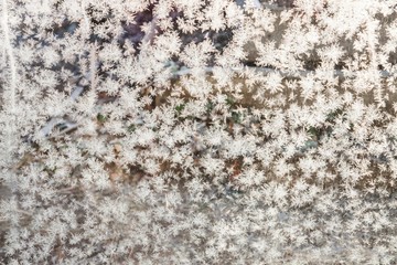 Little snowflakes on glass. Close up.Winter background.