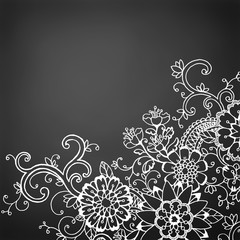 hand drawn doodle flower border on black chalkboard background, fresh fun wild flower spring design with abstract daisy mum and wildflower floral design pattern, blank copyspace, white flower border