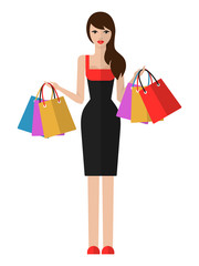 Vector flat illustration of a beautiful young woman with shopping bags. Shopping woman isolated on white background.