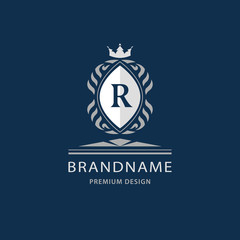 Luxury King place, boutique brand, real estate, property, royalty, crown logo, crest logo. Elegant line art design, graceful template. Letter emblem R. Vector illustration