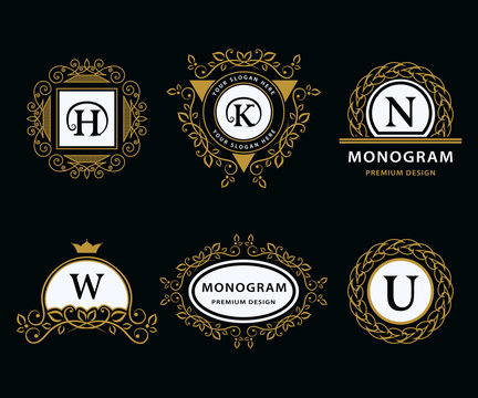 Monogram design elements graceful template. Calligraphic elegant line art logo design. Letter emblem H, K, N, W, U for Royalty, business card, Boutique, Hotel, Heraldic, Jewelry. Vector illustration