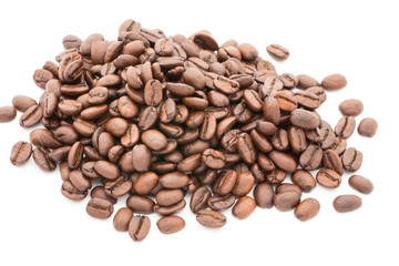 Coffee grains and leaves isolated on the white backgrounds.